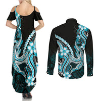 Blue Black Aloha Hawaii Couples Matching Summer Maxi Dress and Long Sleeve Button Shirt Polynesian Shark Tattoo Plumeria LT14 - Polynesian Pride