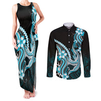 Blue Black Aloha Hawaii Couples Matching Tank Maxi Dress and Long Sleeve Button Shirt Polynesian Shark Tattoo Plumeria LT14 Blue - Polynesian Pride
