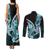 Blue Black Aloha Hawaii Couples Matching Tank Maxi Dress and Long Sleeve Button Shirt Polynesian Shark Tattoo Plumeria LT14 - Polynesian Pride