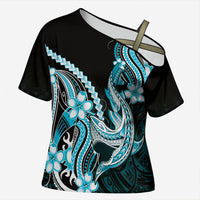Blue Black Aloha Hawaii Cross Shoulder Shirt Polynesian Shark Tattoo Plumeria