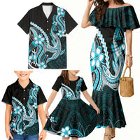 Blue Black Aloha Hawaii Family Matching Mermaid Dress and Hawaiian Shirt Polynesian Shark Tattoo Plumeria LT14 - Polynesian Pride