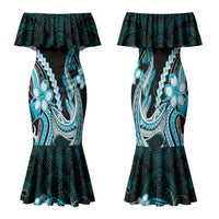 Blue Black Aloha Hawaii Family Matching Mermaid Dress and Hawaiian Shirt Polynesian Shark Tattoo Plumeria LT14 Mom's Dress Blue - Polynesian Pride