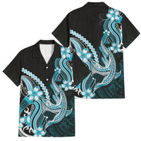 Blue Black Aloha Hawaii Family Matching Mermaid Dress and Hawaiian Shirt Polynesian Shark Tattoo Plumeria LT14 Dad's Shirt - Short Sleeve Blue - Polynesian Pride