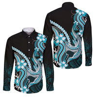 Blue Black Aloha Hawaii Family Matching Mermaid Dress and Hawaiian Shirt Polynesian Shark Tattoo Plumeria LT14 Dad's Shirt - Long Sleeve Blue - Polynesian Pride