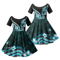 Blue Black Aloha Hawaii Family Matching Mermaid Dress and Hawaiian Shirt Polynesian Shark Tattoo Plumeria LT14 Daughter's Dress Blue - Polynesian Pride