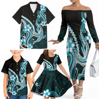 Blue Black Aloha Hawaii Family Matching Off The Shoulder Long Sleeve Dress and Hawaiian Shirt Polynesian Shark Tattoo Plumeria LT14 - Polynesian Pride