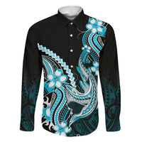 Blue Black Aloha Hawaii Family Matching Off The Shoulder Long Sleeve Dress and Hawaiian Shirt Polynesian Shark Tattoo Plumeria LT14 Daughter's Dress Blue - Polynesian Pride