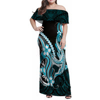 Blue Black Aloha Hawaii Family Matching Off Shoulder Maxi Dress and Hawaiian Shirt Polynesian Shark Tattoo Plumeria