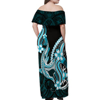 Blue Black Aloha Hawaii Family Matching Off Shoulder Maxi Dress and Hawaiian Shirt Polynesian Shark Tattoo Plumeria