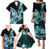 Blue Black Aloha Hawaii Family Matching Puletasi and Hawaiian Shirt Polynesian Shark Tattoo Plumeria LT14 - Polynesian Pride