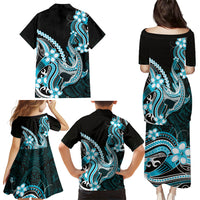 Blue Black Aloha Hawaii Family Matching Puletasi and Hawaiian Shirt Polynesian Shark Tattoo Plumeria LT14 Mom's Dress Blue - Polynesian Pride