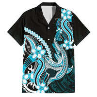 Blue Black Aloha Hawaii Family Matching Puletasi and Hawaiian Shirt Polynesian Shark Tattoo Plumeria LT14 Dad's Shirt - Short Sleeve Blue - Polynesian Pride