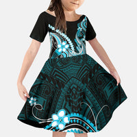 Blue Black Aloha Hawaii Family Matching Short Sleeve Bodycon Dress and Hawaiian Shirt Polynesian Shark Tattoo Plumeria