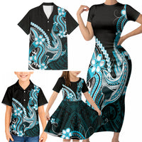 Blue Black Aloha Hawaii Family Matching Short Sleeve Bodycon Dress and Hawaiian Shirt Polynesian Shark Tattoo Plumeria LT14 - Polynesian Pride
