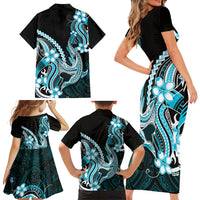Blue Black Aloha Hawaii Family Matching Short Sleeve Bodycon Dress and Hawaiian Shirt Polynesian Shark Tattoo Plumeria LT14 Mom's Dress Blue - Polynesian Pride