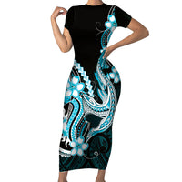Blue Black Aloha Hawaii Family Matching Short Sleeve Bodycon Dress and Hawaiian Shirt Polynesian Shark Tattoo Plumeria