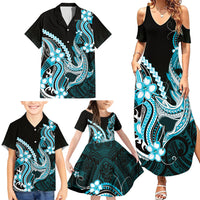 Blue Black Aloha Hawaii Family Matching Summer Maxi Dress and Hawaiian Shirt Polynesian Shark Tattoo Plumeria LT14 - Polynesian Pride