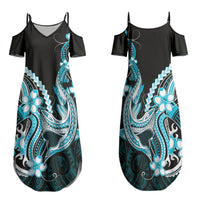 Blue Black Aloha Hawaii Family Matching Summer Maxi Dress and Hawaiian Shirt Polynesian Shark Tattoo Plumeria LT14 Mom's Dress Blue - Polynesian Pride