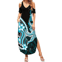 Blue Black Aloha Hawaii Family Matching Summer Maxi Dress and Hawaiian Shirt Polynesian Shark Tattoo Plumeria