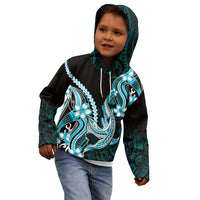 Blue Black Aloha Hawaii Kid Hoodie Polynesian Shark Tattoo Plumeria