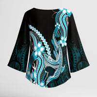 Blue Black Aloha Hawaii Kimono Sleeve Blouse Polynesian Shark Tattoo Plumeria