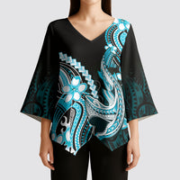 Blue Black Aloha Hawaii Kimono Sleeve Blouse Polynesian Shark Tattoo Plumeria