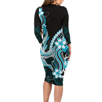 Blue Black Aloha Hawaii Long Sleeve Bodycon Dress Polynesian Shark Tattoo Plumeria LT14 - Polynesian Pride