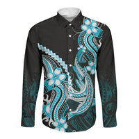 Blue Black Aloha Hawaii Long Sleeve Button Shirt Polynesian Shark Tattoo Plumeria LT14 Unisex Blue - Polynesian Pride