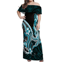 Blue Black Aloha Hawaii Off Shoulder Maxi Dress Polynesian Shark Tattoo Plumeria LT14 Women Blue - Polynesian Pride