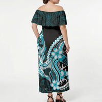 Blue Black Aloha Hawaii Off Shoulder Maxi Dress Polynesian Shark Tattoo Plumeria LT14 - Polynesian Pride