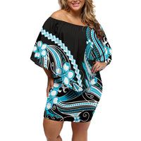 Blue Black Aloha Hawaii Off Shoulder Short Dress Polynesian Shark Tattoo Plumeria LT14 Women Blue - Polynesian Pride