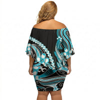 Blue Black Aloha Hawaii Off Shoulder Short Dress Polynesian Shark Tattoo Plumeria LT14 - Polynesian Pride