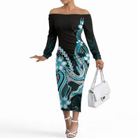 Blue Black Aloha Hawaii Off The Shoulder Long Sleeve Dress Polynesian Shark Tattoo Plumeria LT14 Women Blue - Polynesian Pride