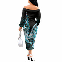 Blue Black Aloha Hawaii Off The Shoulder Long Sleeve Dress Polynesian Shark Tattoo Plumeria LT14 - Polynesian Pride