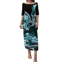Blue Black Aloha Hawaii Puletasi Polynesian Shark Tattoo Plumeria