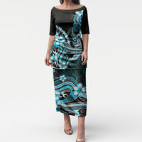Blue Black Aloha Hawaii Puletasi Polynesian Shark Tattoo Plumeria LT14 Long Dress Blue - Polynesian Pride
