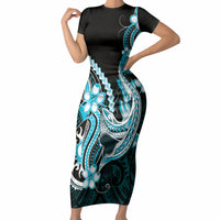 Blue Black Aloha Hawaii Short Sleeve Bodycon Dress Polynesian Shark Tattoo Plumeria LT14 Long Dress Blue - Polynesian Pride