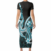 Blue Black Aloha Hawaii Short Sleeve Bodycon Dress Polynesian Shark Tattoo Plumeria LT14 - Polynesian Pride