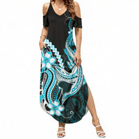 Blue Black Aloha Hawaii Summer Maxi Dress Polynesian Shark Tattoo Plumeria LT14 Women Blue - Polynesian Pride