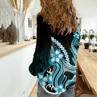 Blue Black Aloha Hawaii Women Casual Shirt Polynesian Shark Tattoo Plumeria