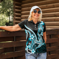 Blue Black Aloha Hawaii Women Polo Shirt Polynesian Shark Tattoo Plumeria