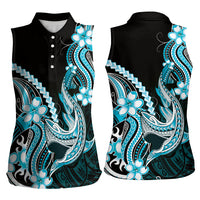 Blue Black Aloha Hawaii Women Sleeveless Polo Shirt Polynesian Shark Tattoo Plumeria