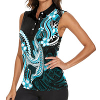 Blue Black Aloha Hawaii Women Sleeveless Polo Shirt Polynesian Shark Tattoo Plumeria