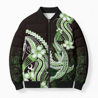 Green Black Aloha Hawaii Bomber Puffer Jacket Polynesian Shark Tattoo Plumeria