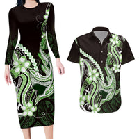 Green Black Aloha Hawaii Couples Matching Long Sleeve Bodycon Dress and Hawaiian Shirt Polynesian Shark Tattoo Plumeria LT14 Green - Polynesian Pride