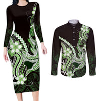 Green Black Aloha Hawaii Couples Matching Long Sleeve Bodycon Dress and Long Sleeve Button Shirt Polynesian Shark Tattoo Plumeria LT14 Green - Polynesian Pride
