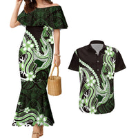 Green Black Aloha Hawaii Couples Matching Mermaid Dress and Hawaiian Shirt Polynesian Shark Tattoo Plumeria LT14 Green - Polynesian Pride