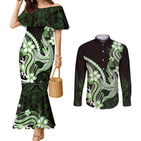 Green Black Aloha Hawaii Couples Matching Mermaid Dress and Long Sleeve Button Shirt Polynesian Shark Tattoo Plumeria LT14 Green - Polynesian Pride