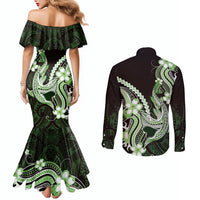 Green Black Aloha Hawaii Couples Matching Mermaid Dress and Long Sleeve Button Shirt Polynesian Shark Tattoo Plumeria LT14 - Polynesian Pride