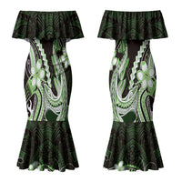Green Black Aloha Hawaii Couples Matching Mermaid Dress and Long Sleeve Button Shirt Polynesian Shark Tattoo Plumeria LT14 - Polynesian Pride